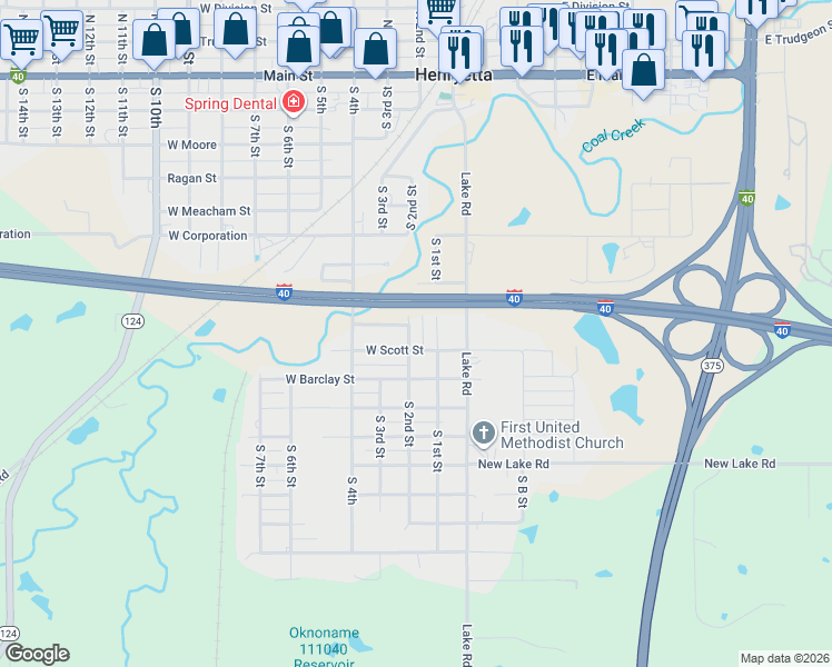 map of restaurants, bars, coffee shops, grocery stores, and more near 720 South 2nd Street in Henryetta