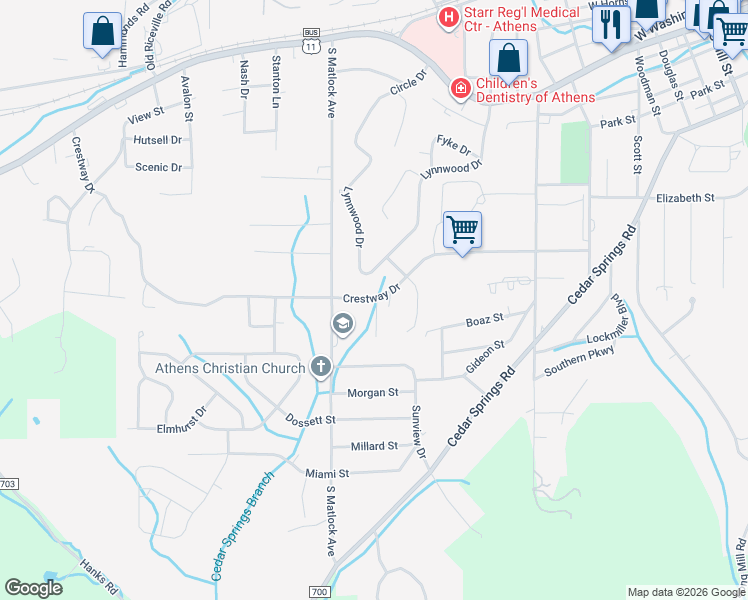 map of restaurants, bars, coffee shops, grocery stores, and more near 1201 Crestway Drive in Athens
