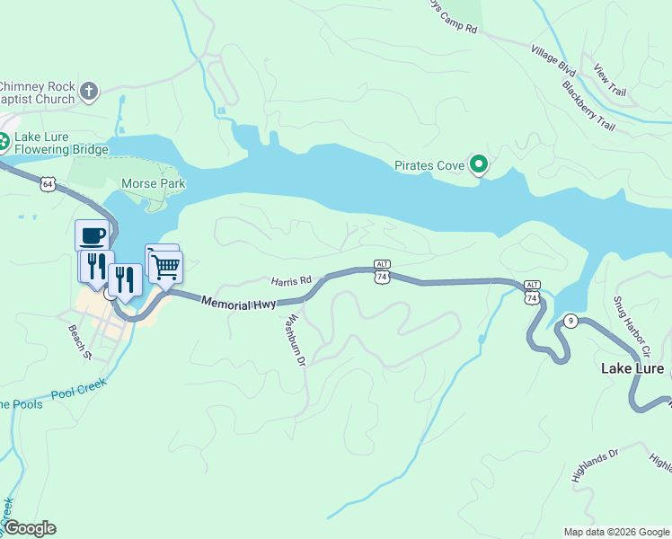 map of restaurants, bars, coffee shops, grocery stores, and more near 2414 Memorial Highway in Lake Lure