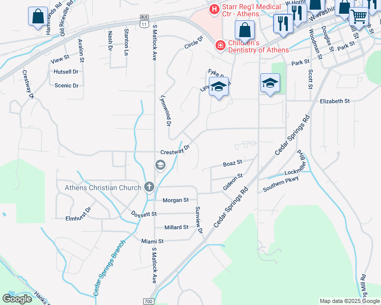 map of restaurants, bars, coffee shops, grocery stores, and more near 1025 Crestway Drive in Athens