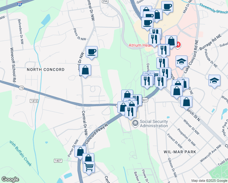 map of restaurants, bars, coffee shops, grocery stores, and more near 975 Summercreek Lane Northwest in Concord