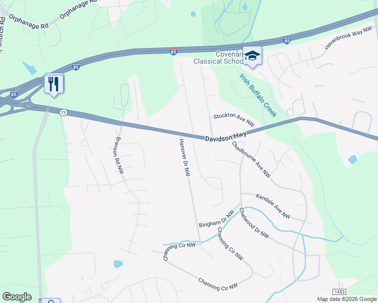 map of restaurants, bars, coffee shops, grocery stores, and more near 1327 Stonecroft Lane Northwest in Concord