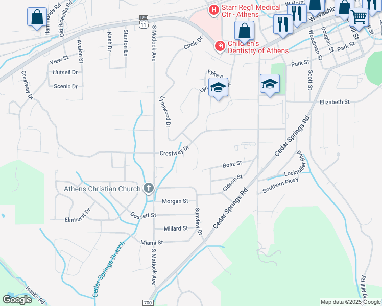 map of restaurants, bars, coffee shops, grocery stores, and more near 1025 Crestway Drive in Athens