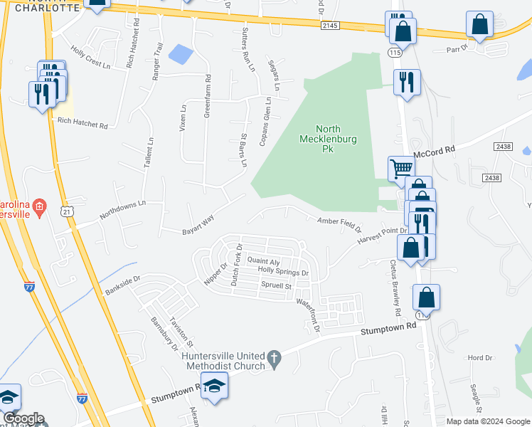 map of restaurants, bars, coffee shops, grocery stores, and more near 13503 Ardry End Lane in Huntersville