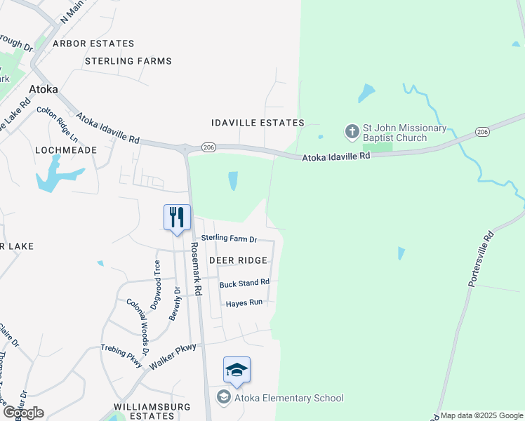 map of restaurants, bars, coffee shops, grocery stores, and more near 195 Harris Road in Atoka