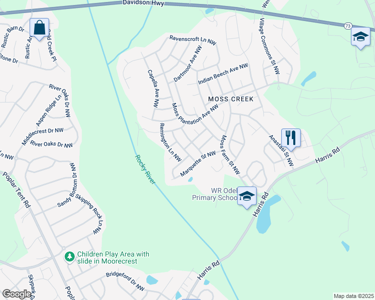 map of restaurants, bars, coffee shops, grocery stores, and more near 9685 Widespread Avenue Northwest in Concord