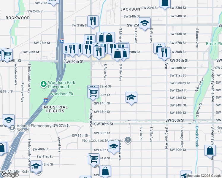 map of restaurants, bars, coffee shops, grocery stores, and more near 2737 Southwest 33rd Street in Oklahoma City