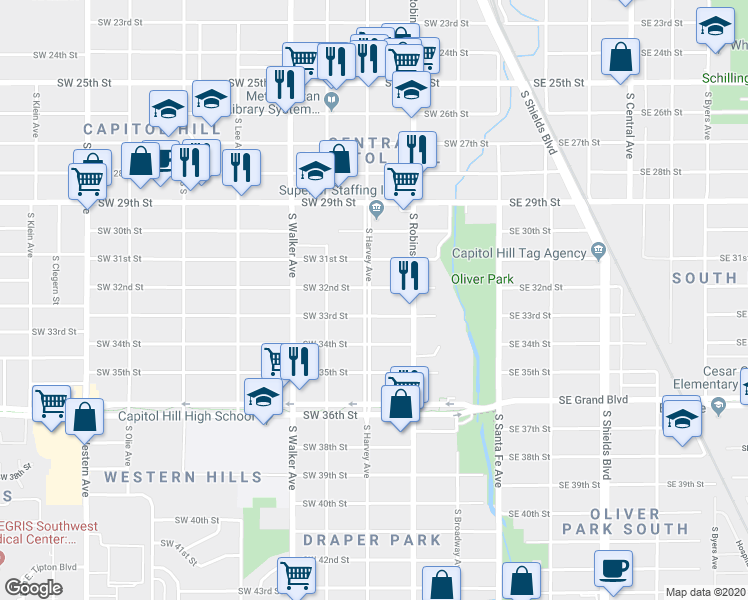 map of restaurants, bars, coffee shops, grocery stores, and more near 3308 South Harvey Avenue in Oklahoma City