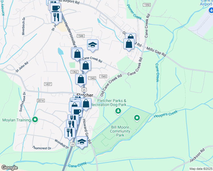map of restaurants, bars, coffee shops, grocery stores, and more near Old Cane Creek Road in Fletcher