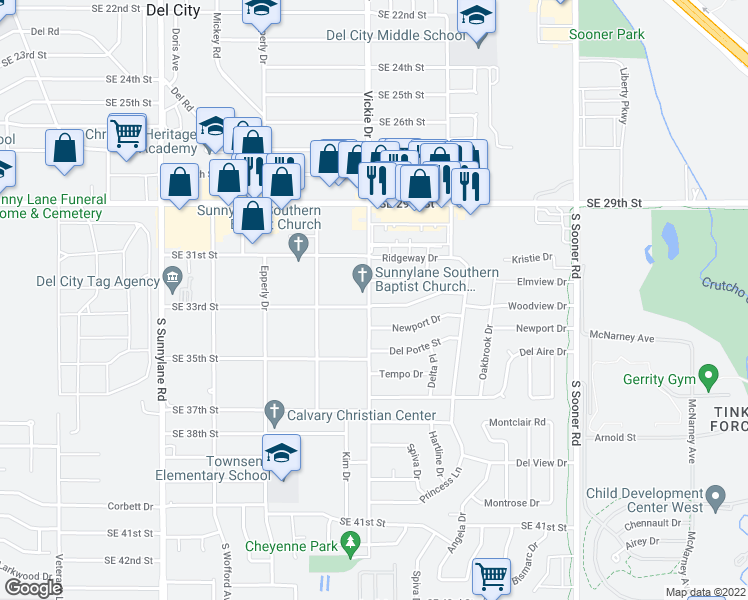map of restaurants, bars, coffee shops, grocery stores, and more near 4701 Woodview Drive in Del City