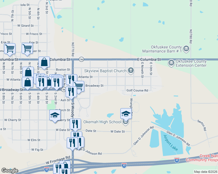 map of restaurants, bars, coffee shops, grocery stores, and more near 501 East Bdwy in Okemah