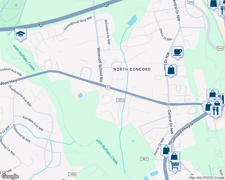 map of restaurants, bars, coffee shops, grocery stores, and more near 1090 Stirrup Place Northwest in Concord