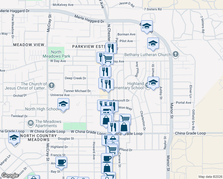map of restaurants, bars, coffee shops, grocery stores, and more near 2810 North Chester Avenue in Bakersfield