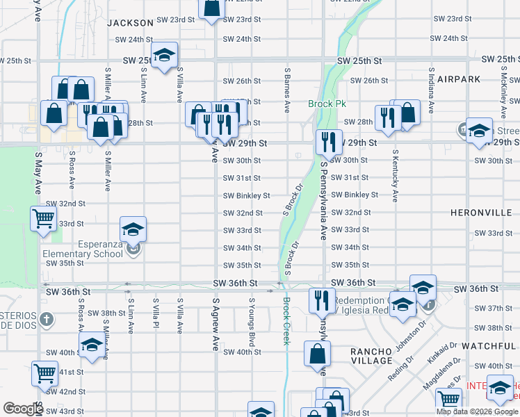 map of restaurants, bars, coffee shops, grocery stores, and more near 2300 Southwest 32nd Street in Oklahoma City