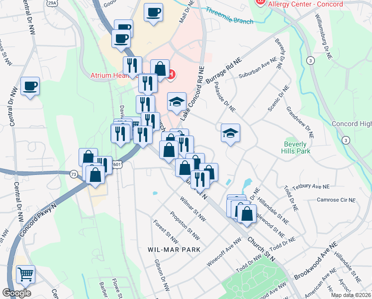 map of restaurants, bars, coffee shops, grocery stores, and more near 808 North Church Street in Concord