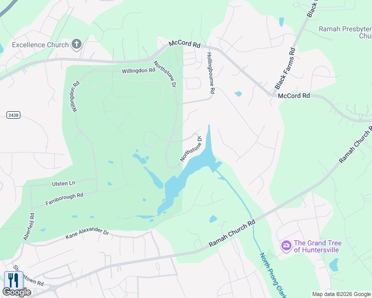 map of restaurants, bars, coffee shops, grocery stores, and more near 15519 Northstone Drive in Huntersville