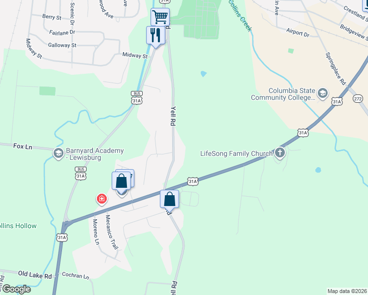 map of restaurants, bars, coffee shops, grocery stores, and more near 956 Yell Road in Lewisburg