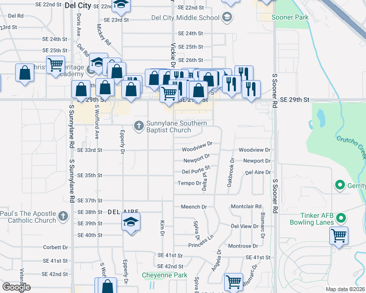 map of restaurants, bars, coffee shops, grocery stores, and more near 4724 Woodview Drive in Del City