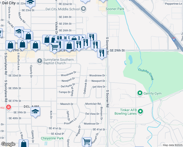 map of restaurants, bars, coffee shops, grocery stores, and more near 4812 Woodview Drive in Del City