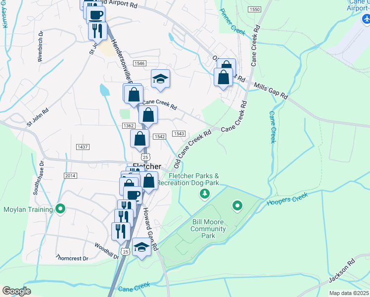 map of restaurants, bars, coffee shops, grocery stores, and more near Old Cane Creek Road in Fletcher