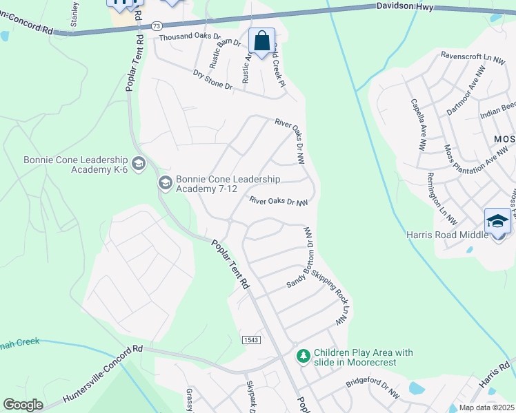 map of restaurants, bars, coffee shops, grocery stores, and more near 10820 River Oaks Drive Northwest in Concord