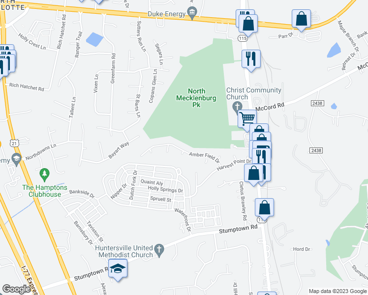map of restaurants, bars, coffee shops, grocery stores, and more near 16300 Amber Field Drive in Huntersville