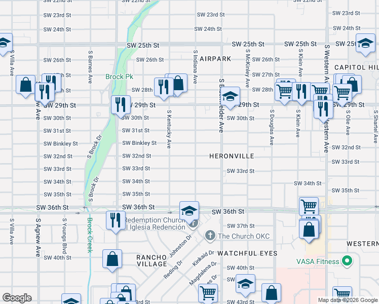 map of restaurants, bars, coffee shops, grocery stores, and more near 1412 Southwest 32nd Street in Oklahoma City