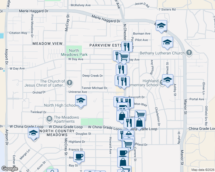 map of restaurants, bars, coffee shops, grocery stores, and more near 250 Tanner Michael Drive in Bakersfield