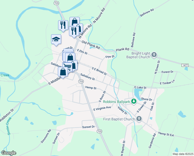 map of restaurants, bars, coffee shops, grocery stores, and more near 270 Salisbury Street in Robbins