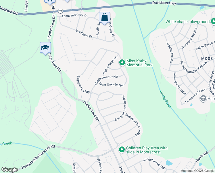 map of restaurants, bars, coffee shops, grocery stores, and more near 10836 River Oaks Drive Northwest in Concord