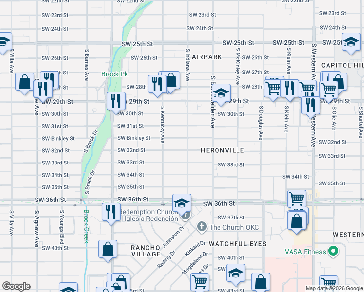 map of restaurants, bars, coffee shops, grocery stores, and more near 1412 Southwest 32nd Street in Oklahoma City