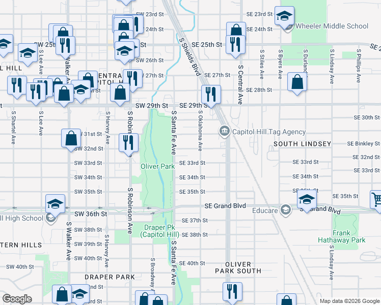 map of restaurants, bars, coffee shops, grocery stores, and more near 45 Southeast 33rd Street in Oklahoma City