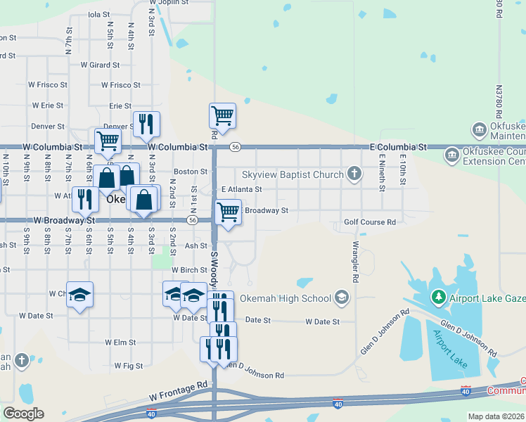 map of restaurants, bars, coffee shops, grocery stores, and more near 302 East Ashway Street in Okemah