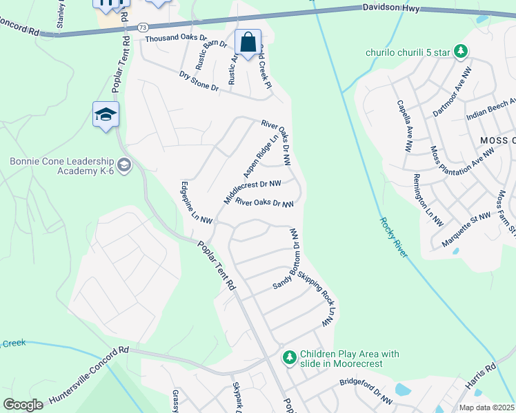 map of restaurants, bars, coffee shops, grocery stores, and more near 10840 River Oaks Drive Northwest in Concord