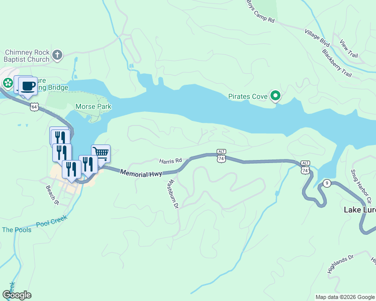 map of restaurants, bars, coffee shops, grocery stores, and more near 2414 Memorial Highway in Lake Lure