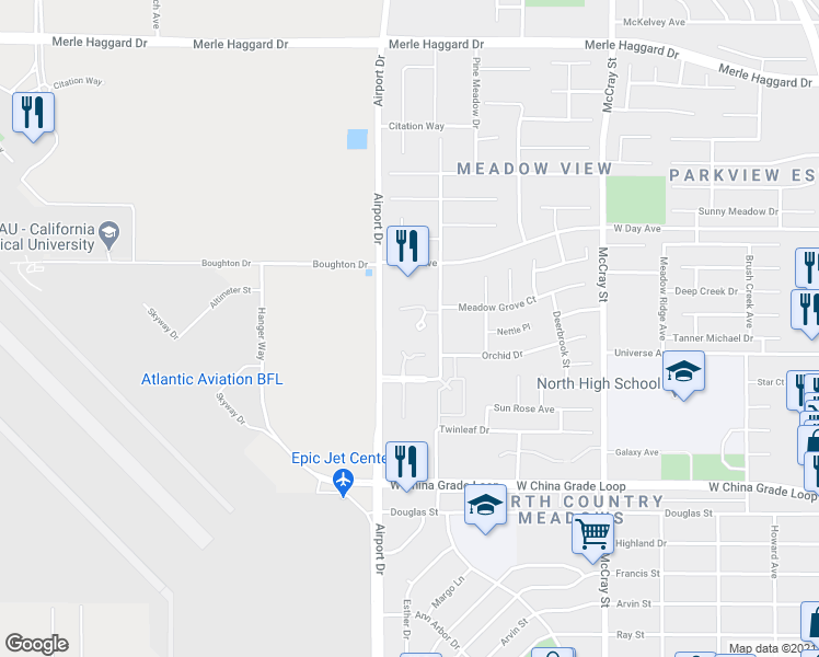 map of restaurants, bars, coffee shops, grocery stores, and more near 2911 Park Meadows Drive in Bakersfield