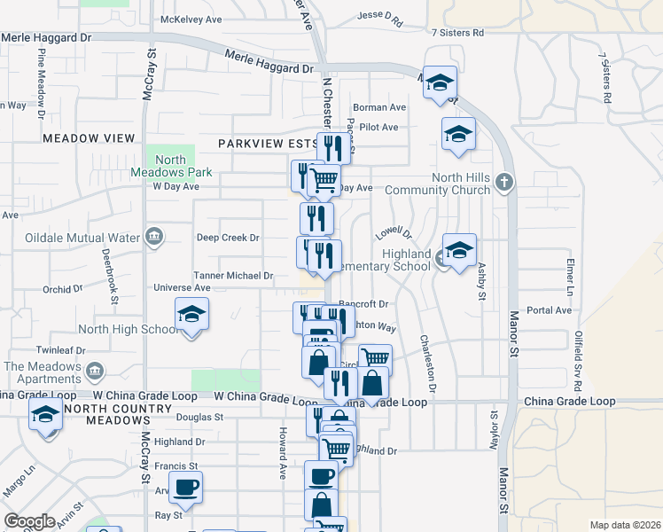 map of restaurants, bars, coffee shops, grocery stores, and more near 2801 Peerless Avenue in Bakersfield