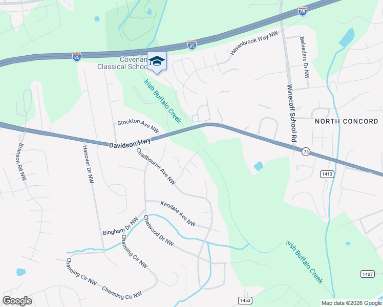 map of restaurants, bars, coffee shops, grocery stores, and more near 3242 Carlyle Drive Northwest in Concord