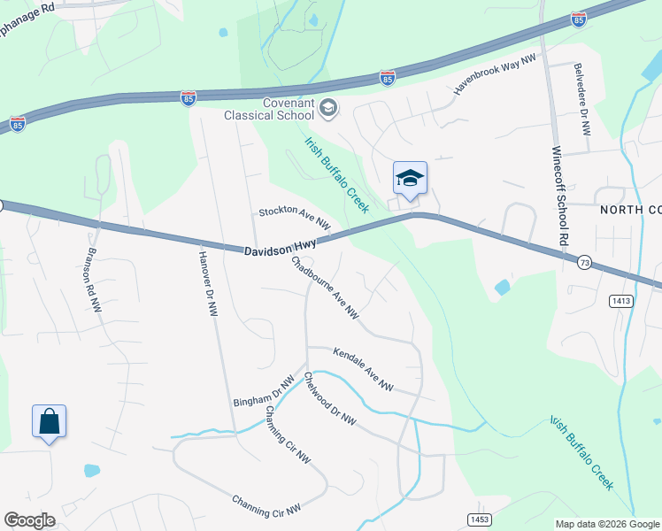 map of restaurants, bars, coffee shops, grocery stores, and more near 1158 Chadbourne Avenue Northwest in Concord