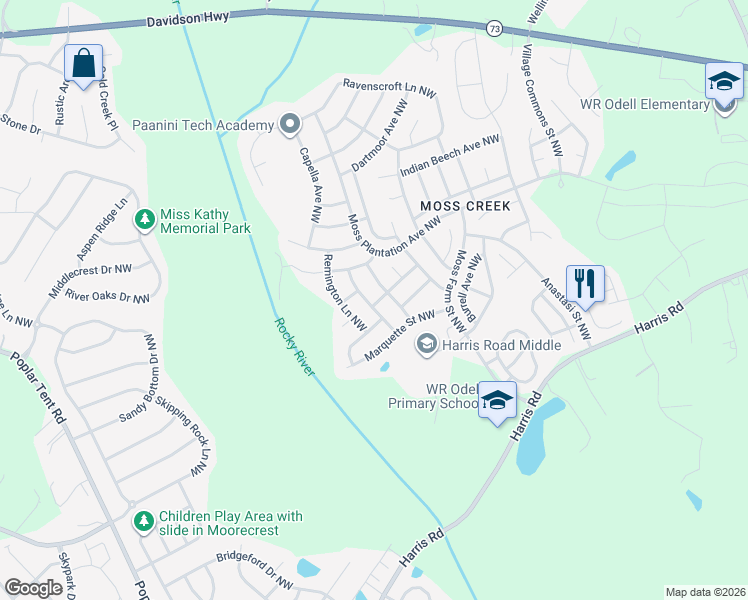 map of restaurants, bars, coffee shops, grocery stores, and more near 9632 Evanston Street Northwest in Concord