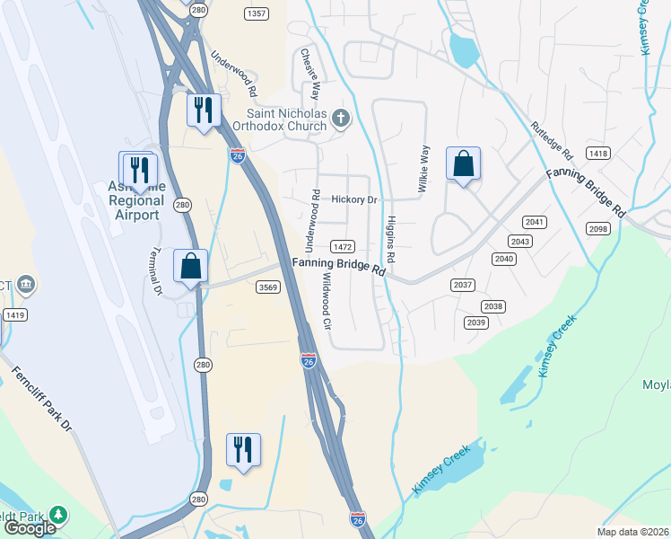 map of restaurants, bars, coffee shops, grocery stores, and more near 62 Wildwood Circle in Fletcher
