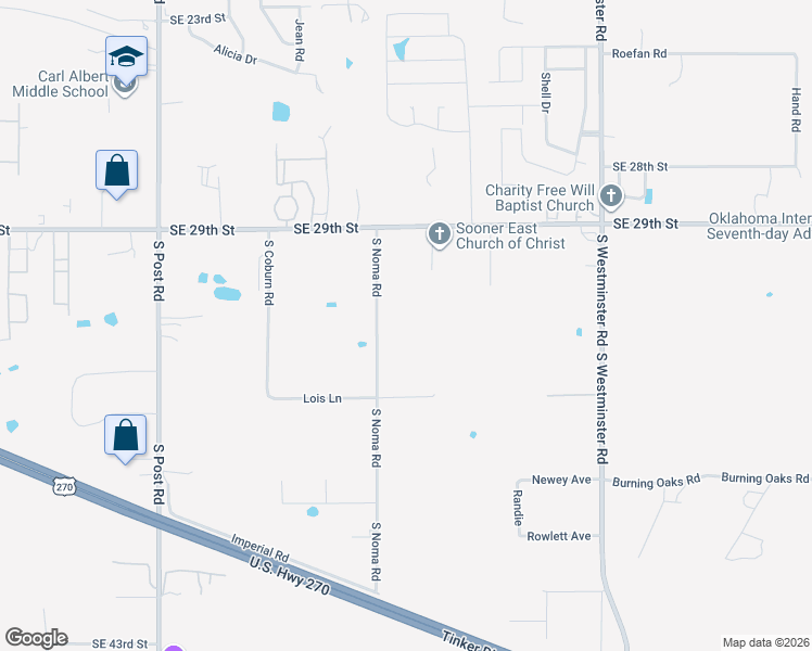 map of restaurants, bars, coffee shops, grocery stores, and more near 3400 South Noma Road in Oklahoma City