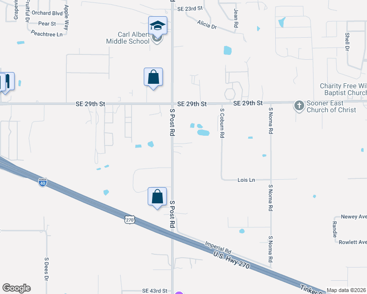 map of restaurants, bars, coffee shops, grocery stores, and more near 3304 South Post Road in Oklahoma City