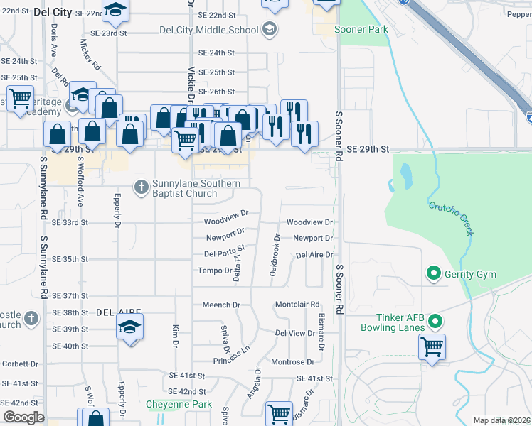 map of restaurants, bars, coffee shops, grocery stores, and more near 4770 Woodview Drive in Del City