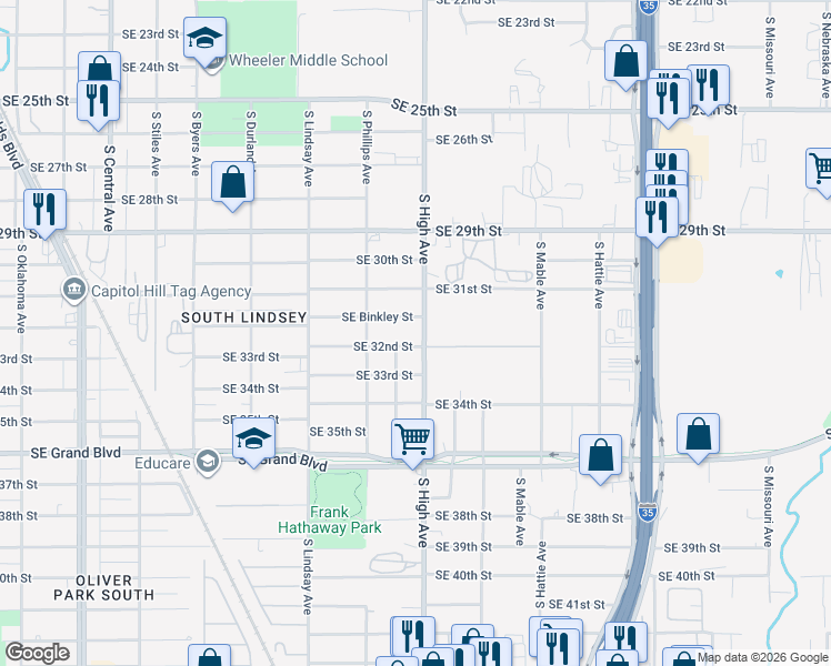 map of restaurants, bars, coffee shops, grocery stores, and more near 3300 South Kelley Avenue in Oklahoma City