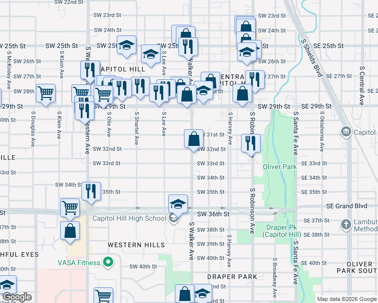 map of restaurants, bars, coffee shops, grocery stores, and more near 423 Southwest 33rd Street in Oklahoma City
