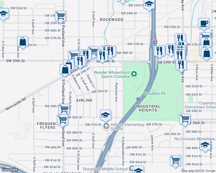 map of restaurants, bars, coffee shops, grocery stores, and more near 3401 Woodward Avenue in Oklahoma City