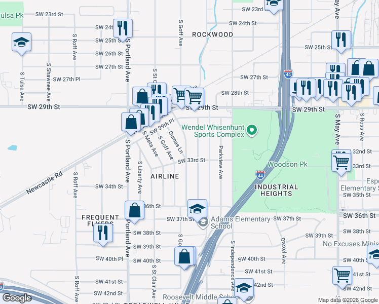 map of restaurants, bars, coffee shops, grocery stores, and more near 3400 South Dumas Avenue in Oklahoma City