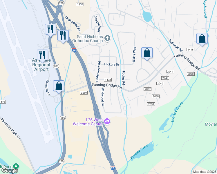 map of restaurants, bars, coffee shops, grocery stores, and more near 62 Wildwood Circle in Fletcher