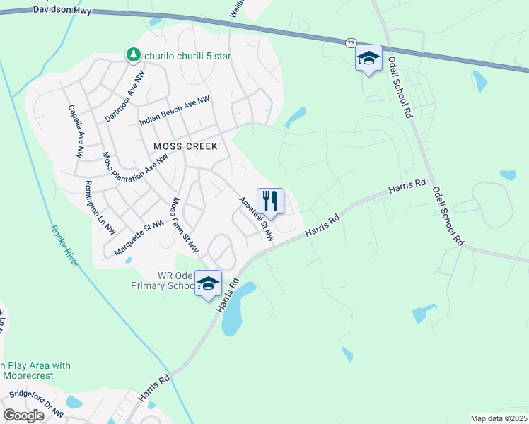 map of restaurants, bars, coffee shops, grocery stores, and more near 9407 Pepperidge Avenue Northwest in Concord